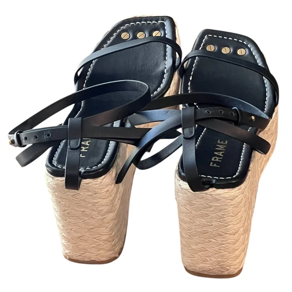 FRAME Black Leather Espadrille Platform‎ Wedge Sandals Ankle Strap Size 10 EU 41